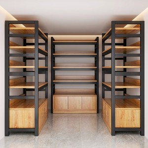 家用书架置物架落地钢木多层货架铁艺厨房带柜门置物展示柜陈列架