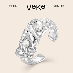 VEKE珍珠戒指小众设计高级感ins冷淡风复古法式开口时尚个性指环