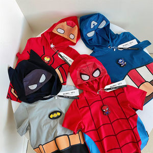 男童蜘蛛侠短袖T恤夏新款帅气钢铁侠美国队长儿童带面罩闪灯上衣