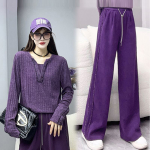 紫色针织衫套装女2024新款百搭宽松设计感上衣高腰阔腿裤女两件套