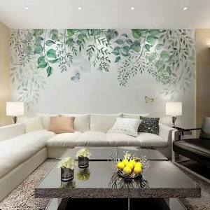 北欧现代简约清新绿色树叶田园客厅卧室电视背景墙布壁纸无缝壁画
