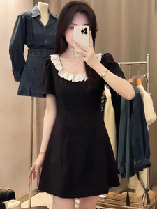 气质黑色a字短袖连衣裙2024新款女夏季裙子收腰显瘦高级感小黑裙
