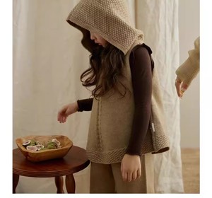 韩系女童秋季新款连帽马甲毛衣套装针织阔腿裤两件套