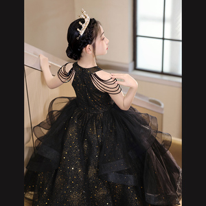 高端主持人女童黑色礼服公主裙洋气蓬蓬纱钢琴演奏走秀儿童晚礼服
