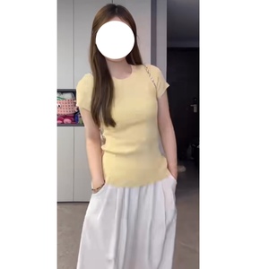 ffan 11 韩系套头版绝美奶黄色针织短袖女夏季甜酷修身正肩毛衣