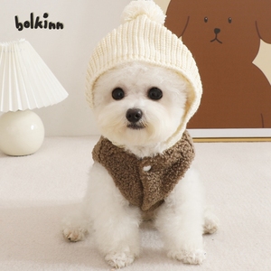 韩国ins秋冬保暖狗狗带帽子毛衣可爱毛绒球球拼色小型犬宠物衣服