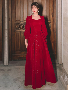 Women Evening Dresses Long Sleeve Elegant Square Collar Red