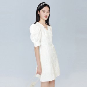 【芭蒂娜】2024夏季新款白色连衣裙女收腰显瘦高腰a字短袖中长裙