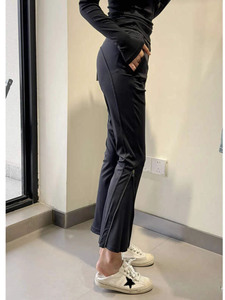 果果仓黑色拉链运动裤女夏季高腰舒适显瘦休闲设计感微喇九分裤