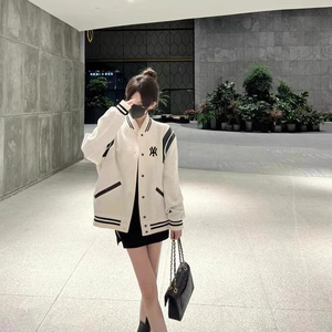 NY白色拼接棒球服女款小个子春秋冬季韩版设计高级感情侣夹克外套