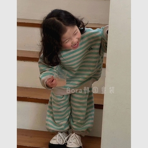 韩国儿童宝宝套装春季2024女童运动卫衣绿色条纹时髦休闲裤两件套