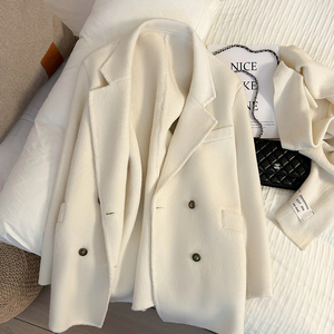 65%羊毛双面呢子高级外套女白色2023冬季新款保暖气质中长款大衣