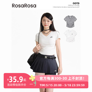 RosaRosa 白色V领短袖2024夏季薄款修身显瘦收腰设计正肩T恤女