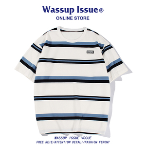 WASSUP ISSUE日系黑白条纹短袖T恤男潮牌拼色体恤夏季情侣t恤男款
