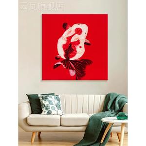 新款锦鲤鱼兔子纯手绘油画大红色玄关客厅餐厅装饰画抽象艺术丙烯