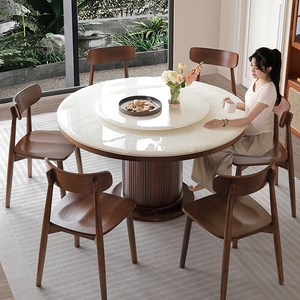 纯天然大理石白冰玉圆形餐桌2024年新款家用白金沙实木彩晶餐桌椅