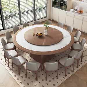 中式实木包边大型圆形餐桌带转盘饭店餐厅客厅家用12人岩板吃饭桌