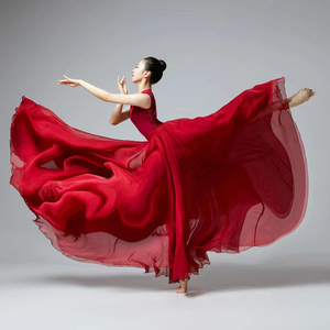 720度古典舞蹈飘逸大摆裙女双层雪纺半身裙红白色新疆广场舞服装