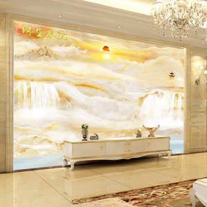 中式电视背景墙纸流水生财客厅沙发影视墙布3d立体仿大理石纹壁画