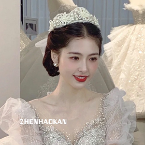 新款新娘饰品新款韩式仙气头纱珍珠花朵头复古发饰婚纱礼服配饰