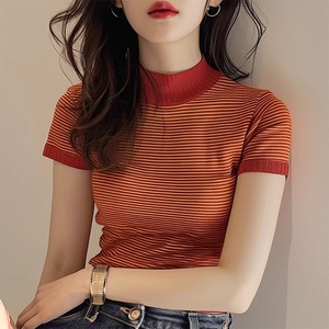今年流行漂亮的橘红色条纹针织短袖T恤女春季2024新款小香风上衣