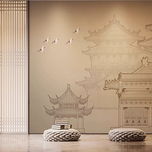 现代新中式线描楼阁雅致意境风客厅沙发背景墙纸茶室刺绣墙布壁纸