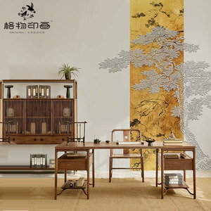 中式国风招财金箔墙布客厅背景墙壁布办公室装修前台壁画茶室墙纸