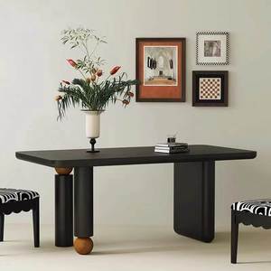 中古风实木餐桌黑色法式复古圆桌北欧家用设计师高颜值艺术感长桌