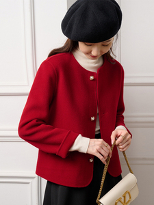 小香风法式今年流行新款小众独特别致红色毛呢短款女士外套秋冬季