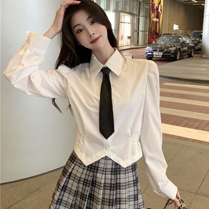 领带女款白色衬衫女长袖修身短款衬衣加韩版不规则下摆显瘦百搭衬