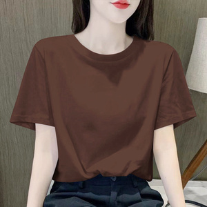 纯色圆领T恤女宽松2024年夏季新款常规正肩纯棉咖啡色短袖上衣潮