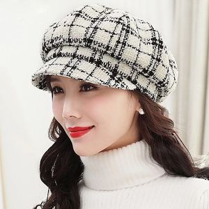 女士格纹帽子冬季八角帽潮百搭韩版英伦中年女士贝雷帽加厚鸭舌帽