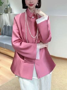 春季新款高级感中式西装改良唐装外套女国风立领盘扣粉色衬衫外衣