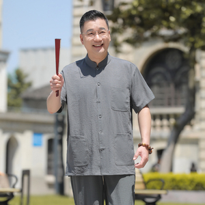 爸爸夏装套装中年男士休闲薄款立领中老年人爷爷夏季冰丝短袖衬衫