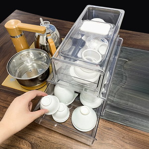 功夫茶具茶杯收纳盒套装防尘透明沥水大容量水杯瓷杯抽屉式储存盒