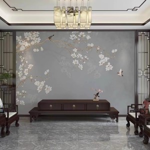 新中式手绘壁画3D玉兰花鸟书房卧室装饰墙布壁纸客厅沙发电视墙纸