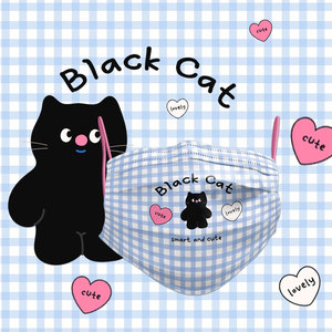 dullsheep原创卡通格子黑猫印花可爱动画一次性防护防尘口罩透气