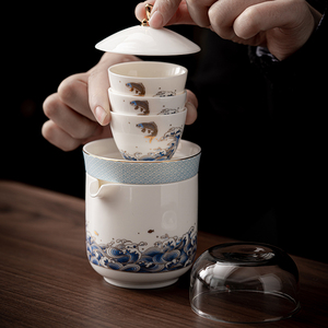瓷语颠 陶瓷白瓷便携式快客杯旅行茶具一壶二杯三杯整套户外露营