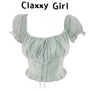 Claxxy Girl 甜甜嗲妹薄荷色提花边小衫女设计感灯笼袖短款上衣夏