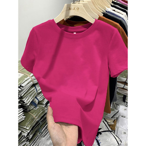 纯棉欧洲站短袖t恤女韩版洋气减龄休闲正肩显瘦纯色火龙果红上衣