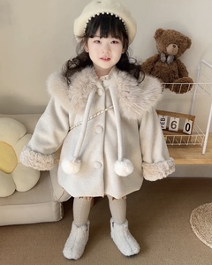 韩版童装女童毛呢外套冬装款儿童洋气斗篷毛毛领加厚呢子大衣