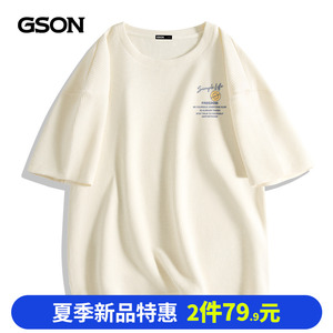 GSON日系t恤男夏季字母印花原宿风丅血青少年宽松重磅华夫格短袖