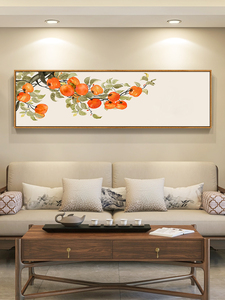 柿柿如意手绘油画新中式柿子事事如意装饰画客厅横幅茶室肌理挂画