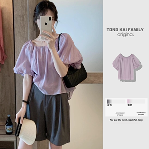 广州十三行女装韩国货浅淡紫色上衣高级感法式泡泡短袖雪纺衬衫夏