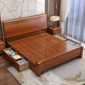新中式实木床全实木卧室储物1米8双人1米5单人胡桃木纯实木储物床