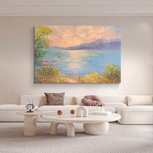 美式海上日出风景手绘油画客厅横版大幅装饰画玄关地中海肌理挂画