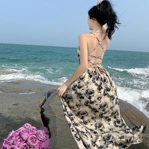 干枯玫瑰印花连衣裙三亚度假风吊带裙海边拍照沙滩裙性感露背绑带