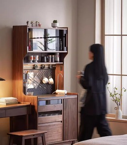 北欧餐边柜黑胡桃色储物柜岩板小户型家用酒柜客厅现代简约茶水柜