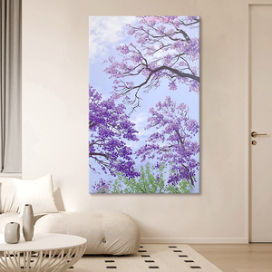 紫气东来客厅装饰画紫色花卉玄关纯手绘油画走廊过道肌理风景挂画