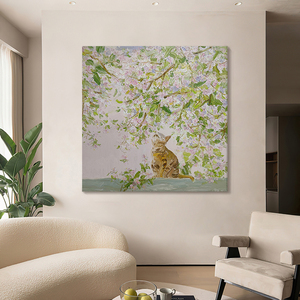 温馨猫咪细嗅蔷薇手绘油画花卉动物儿童房装饰画卧室客厅肌理挂画